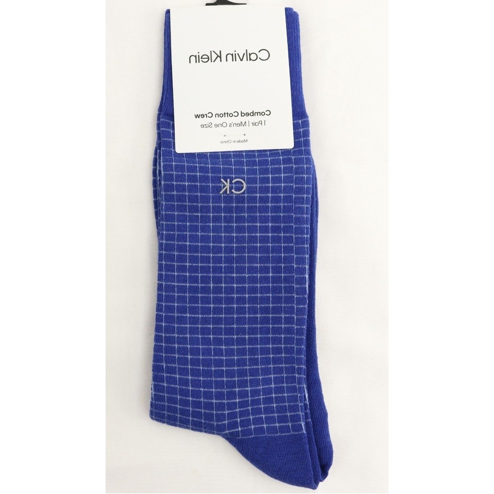 Calvin Klein Mens Crew Socks Blue/White Grid One Size Pattern Combed Cotton NWT